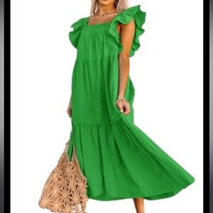 Green Ruffle Sleeve Maxi Dress